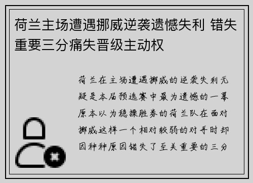 荷兰主场遭遇挪威逆袭遗憾失利 错失重要三分痛失晋级主动权