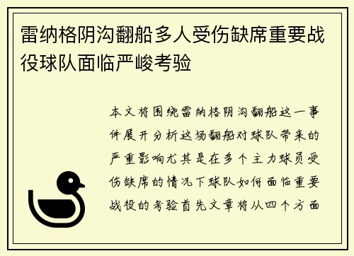 雷纳格阴沟翻船多人受伤缺席重要战役球队面临严峻考验