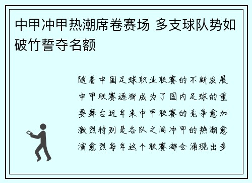 中甲冲甲热潮席卷赛场 多支球队势如破竹誓夺名额