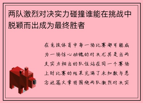 两队激烈对决实力碰撞谁能在挑战中脱颖而出成为最终胜者