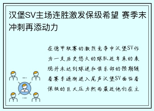 汉堡SV主场连胜激发保级希望 赛季末冲刺再添动力