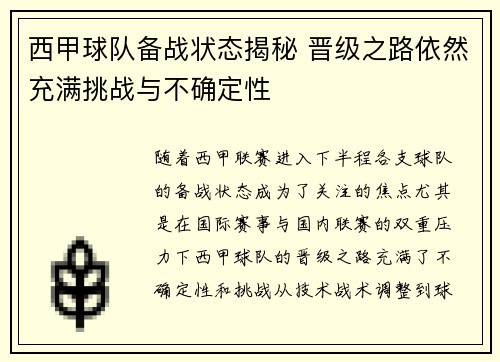 西甲球队备战状态揭秘 晋级之路依然充满挑战与不确定性