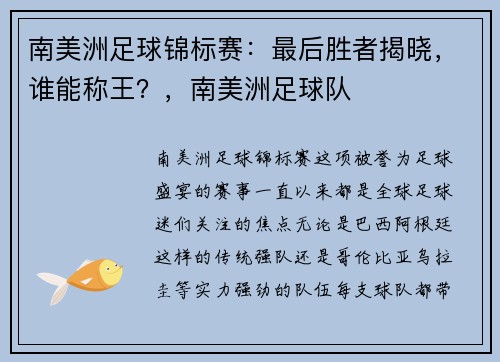 南美洲足球锦标赛：最后胜者揭晓，谁能称王？，南美洲足球队