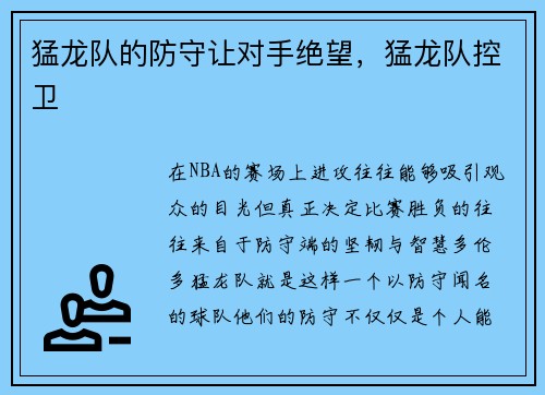 猛龙队的防守让对手绝望，猛龙队控卫