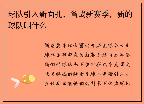 球队引入新面孔，备战新赛季，新的球队叫什么