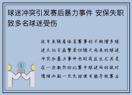 球迷冲突引发赛后暴力事件 安保失职致多名球迷受伤