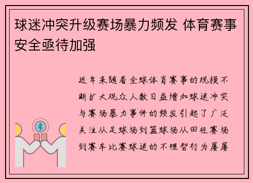 球迷冲突升级赛场暴力频发 体育赛事安全亟待加强